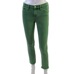Designer Womens Mid Rise Fray Hem Slim Leg Jeans Rain Forest Green Size 24
